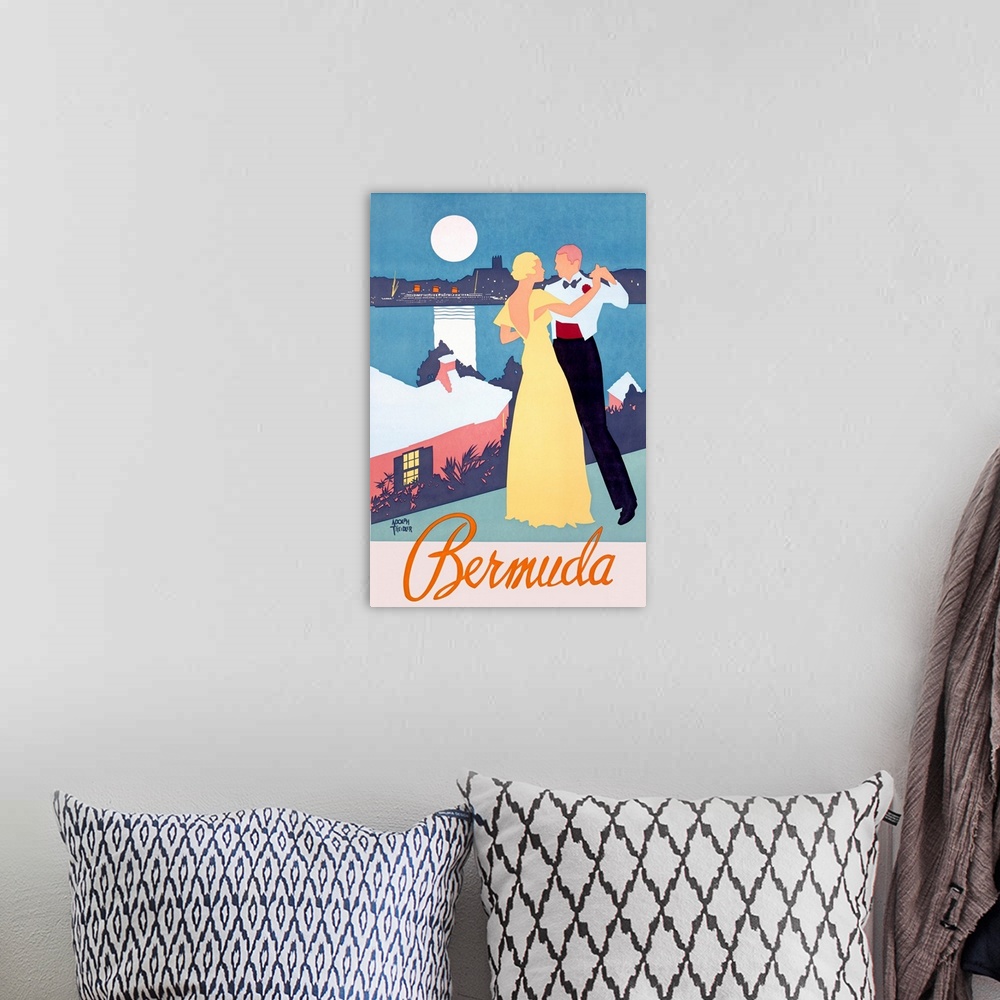 A bohemian room featuring Vintage travel poster for the island of Bermuda with an elegant couple dancing on the shores and ...