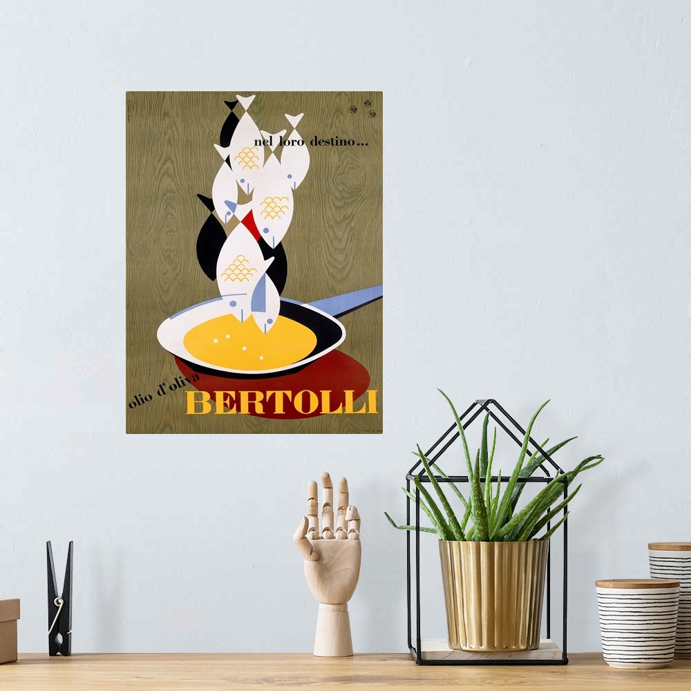 A bohemian room featuring Old advertising poster artwork showing a group of fish hanging over a fry pan with a wood grain b...