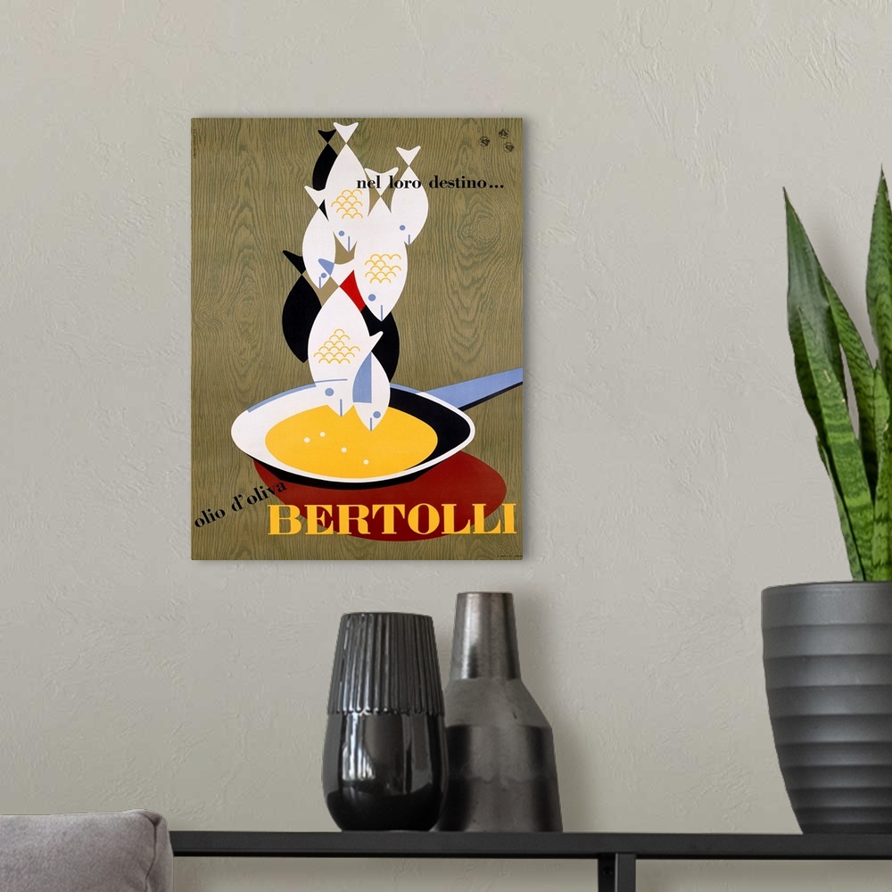 A modern room featuring Old advertising poster artwork showing a group of fish hanging over a fry pan with a wood grain b...