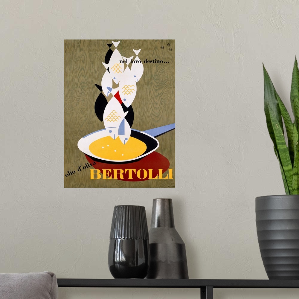 A modern room featuring Old advertising poster artwork showing a group of fish hanging over a fry pan with a wood grain b...
