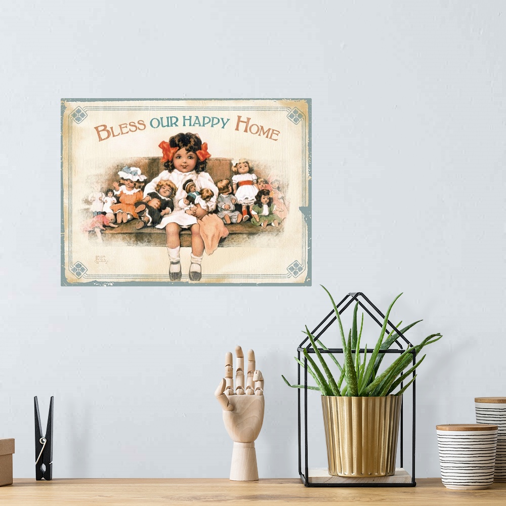 A bohemian room featuring Bessie Pease Bless Our Happy Home