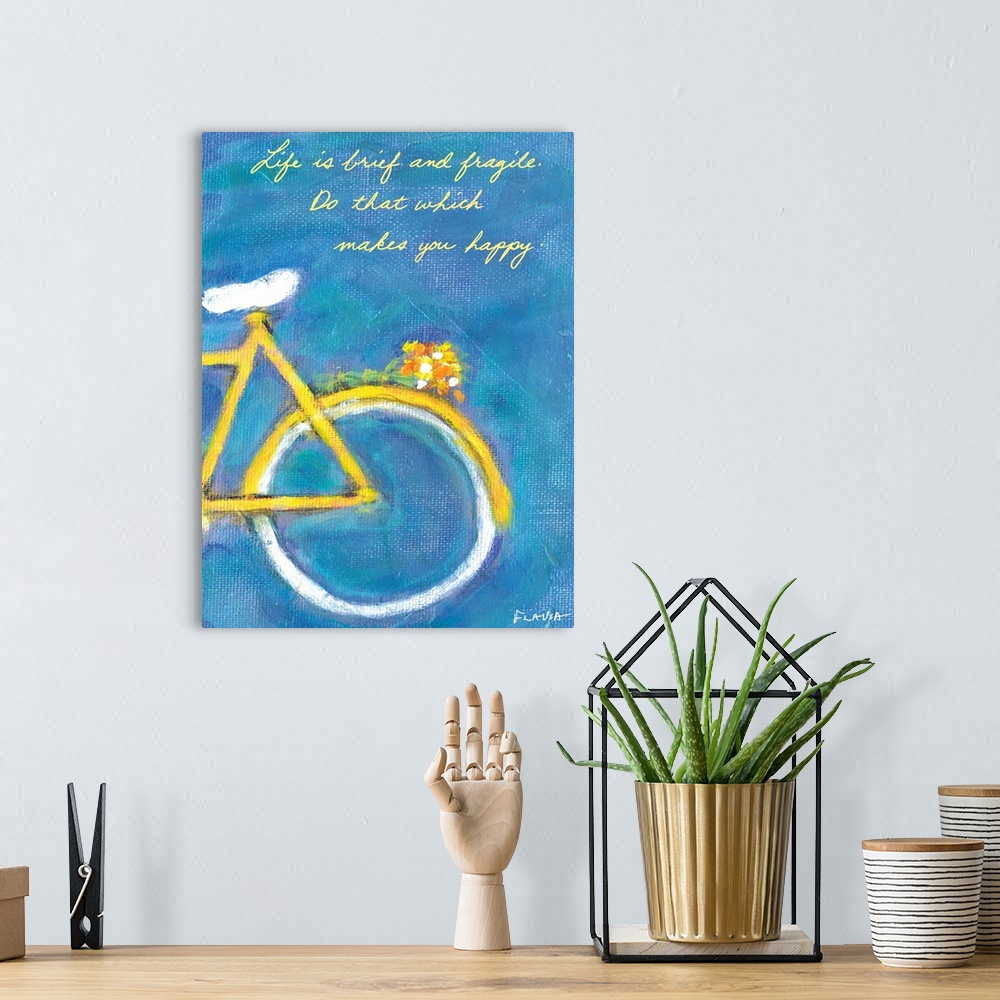 A bohemian room featuring Large painting on canvas of the back of a bike with flowers attached to it.
