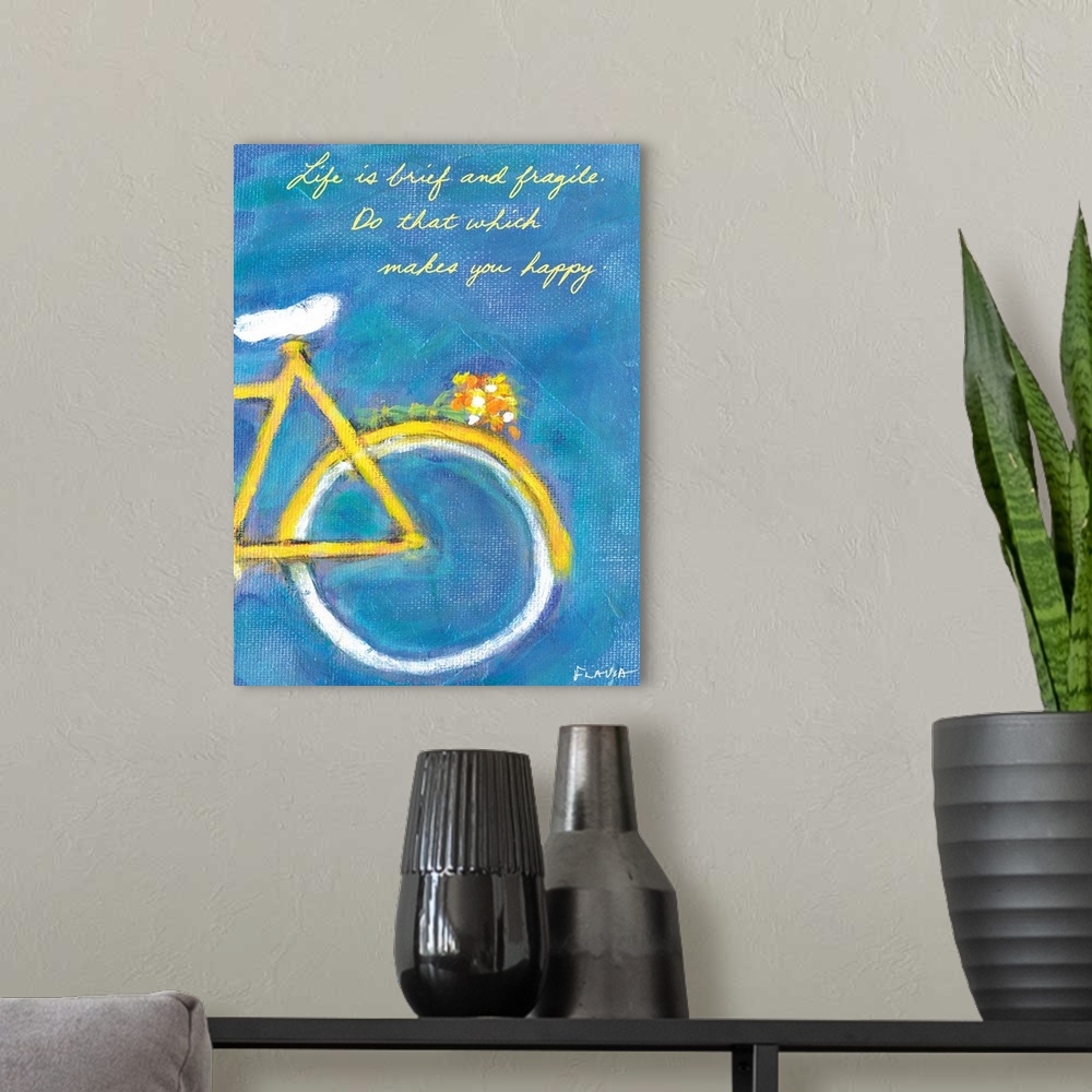 A modern room featuring Large painting on canvas of the back of a bike with flowers attached to it.