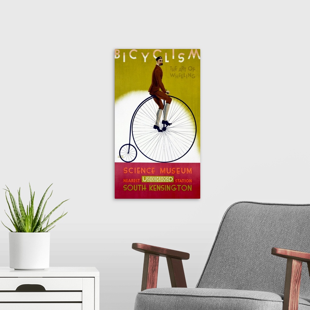 A modern room featuring This wall art is a vintage advertising poster for an exhibit about bicycles with artwork depictin...