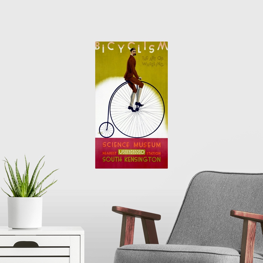 A modern room featuring This wall art is a vintage advertising poster for an exhibit about bicycles with artwork depictin...