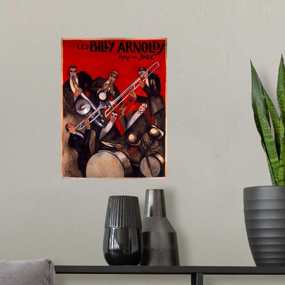 A modern room featuring This Art Deco wall art is a theatrical poster advertising a jazz orchestral band of musicians in ...