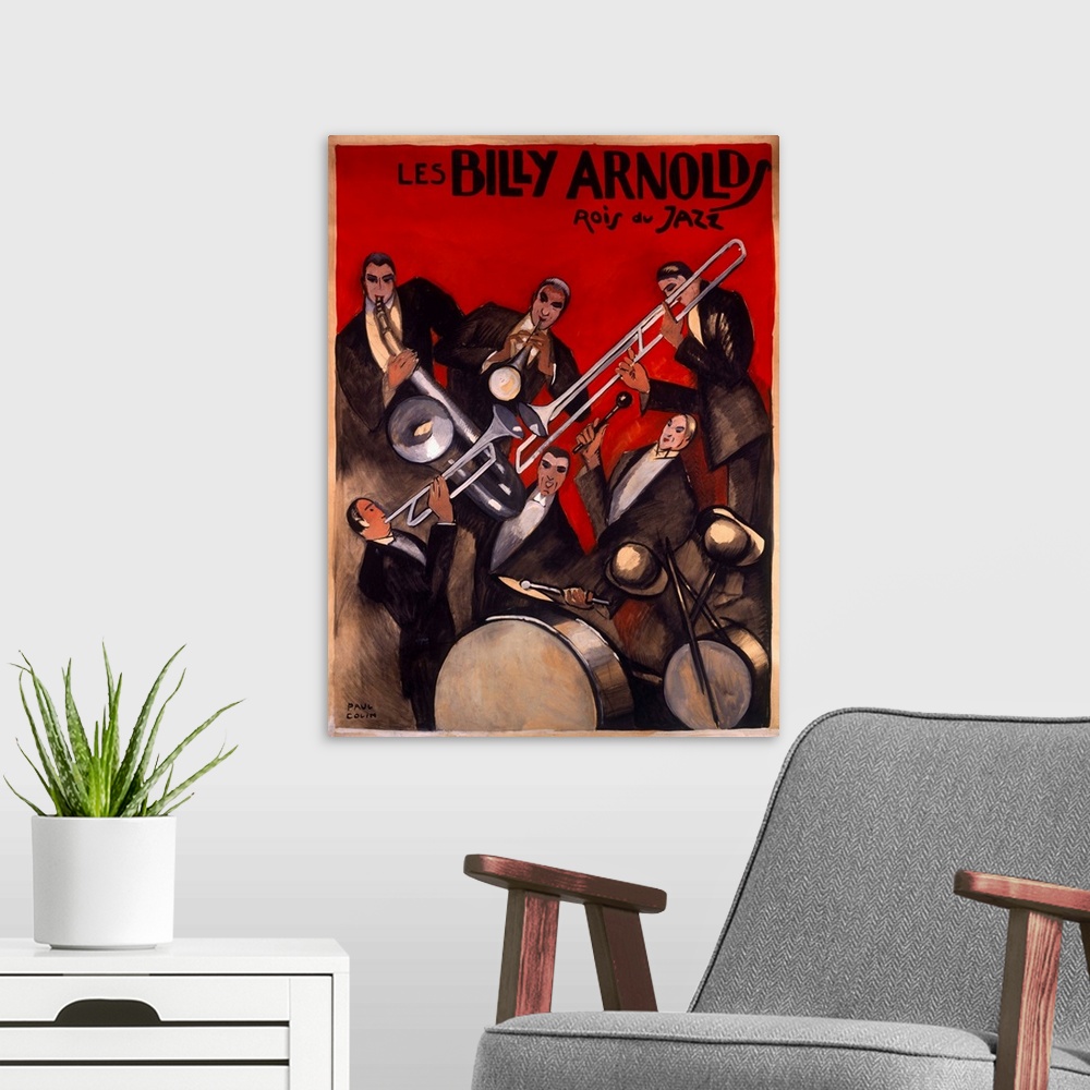 A modern room featuring This Art Deco wall art is a theatrical poster advertising a jazz orchestral band of musicians in ...