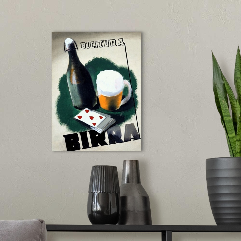 A modern room featuring Old advertising poster with glass bottle, cup of beer with foam, playing cards, and the text "Bir...
