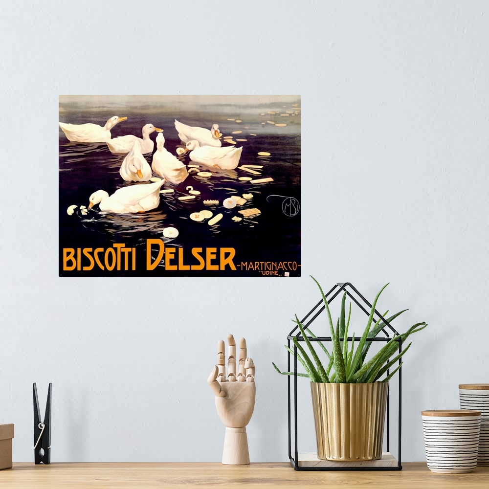 A bohemian room featuring Classic advertisement for Biscotti Desler featuring ducks eating crackers in a lake.
