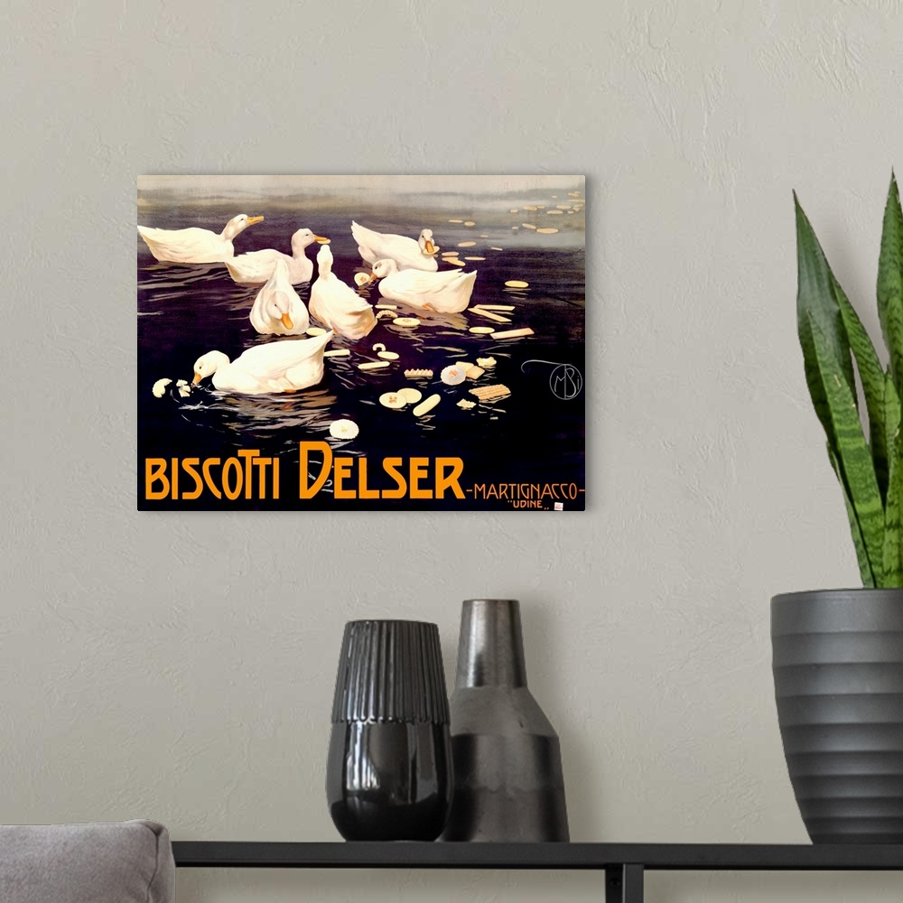 A modern room featuring Classic advertisement for Biscotti Desler featuring ducks eating crackers in a lake.