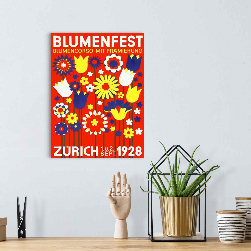 A bohemian room featuring Classic advertisement for Blumenfest/Bloomfest in Zurich in 1928.