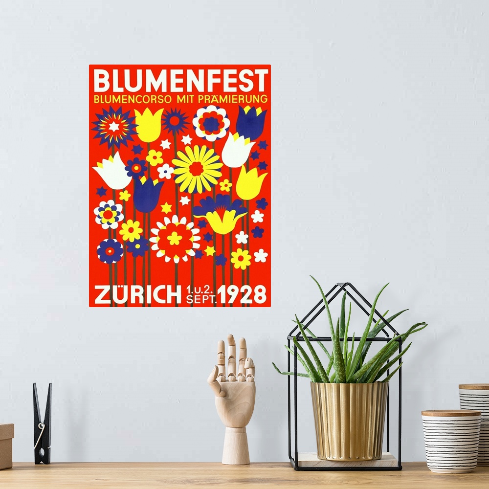 A bohemian room featuring Classic advertisement for Blumenfest/Bloomfest in Zurich in 1928.