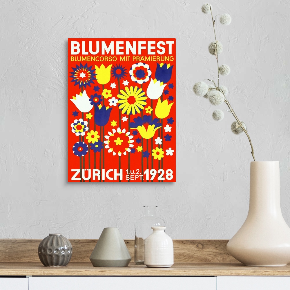 A farmhouse room featuring Classic advertisement for Blumenfest/Bloomfest in Zurich in 1928.