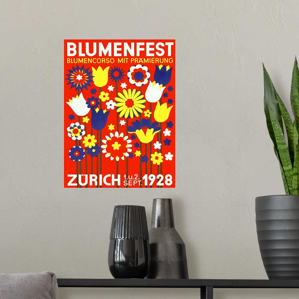A modern room featuring Classic advertisement for Blumenfest/Bloomfest in Zurich in 1928.