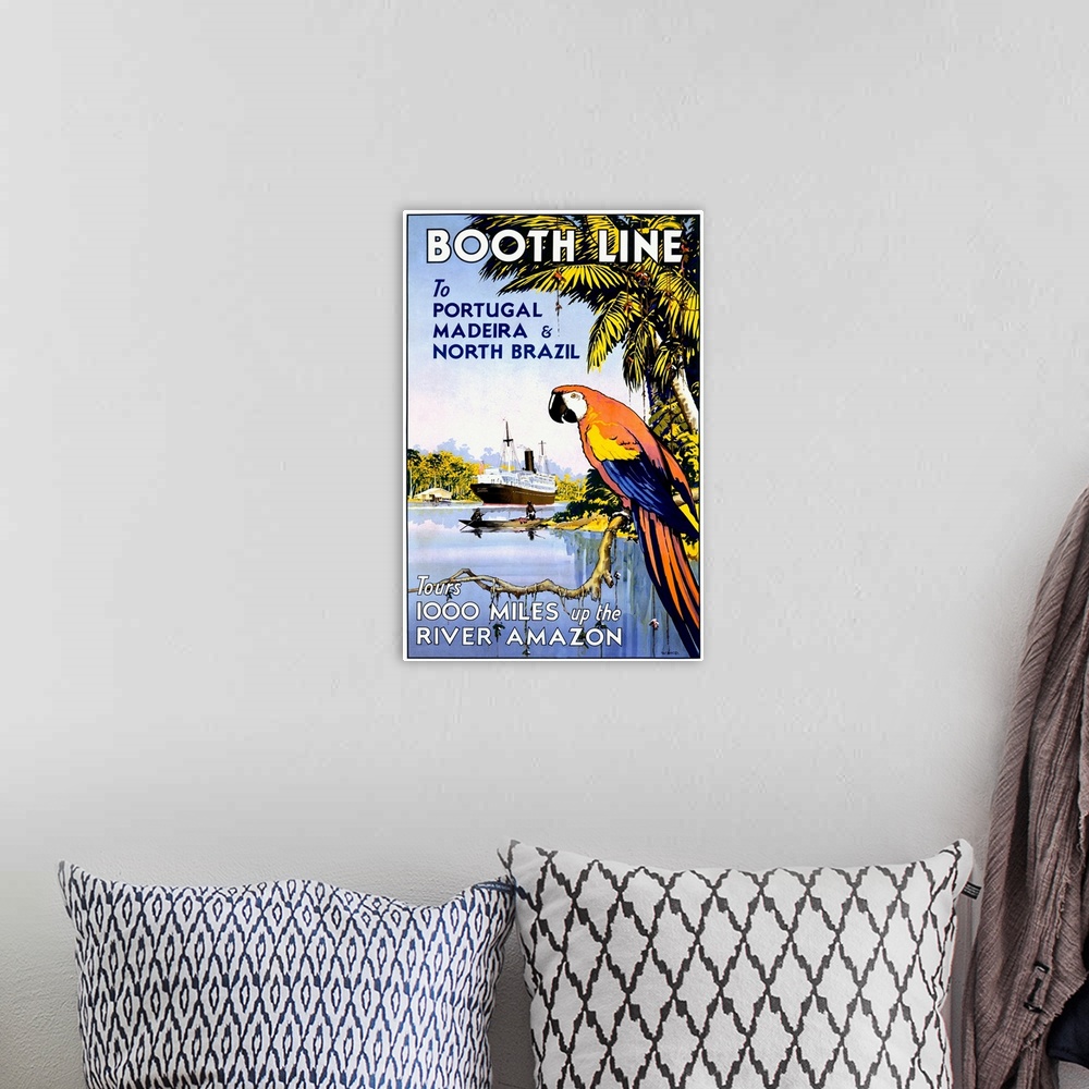 A bohemian room featuring Old advertising poster with a parrot in a palm tree and cruise liner in the distance with the tex...