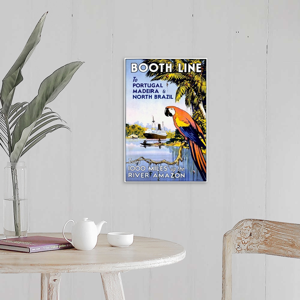 A farmhouse room featuring Old advertising poster with a parrot in a palm tree and cruise liner in the distance with the tex...
