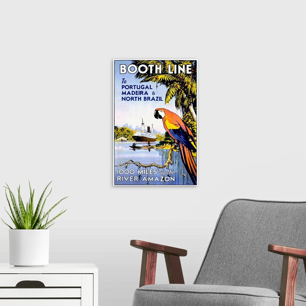 A modern room featuring Old advertising poster with a parrot in a palm tree and cruise liner in the distance with the tex...