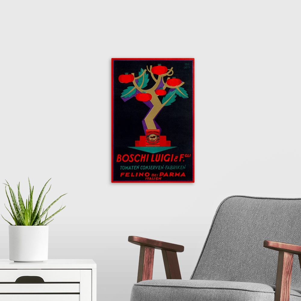 A modern room featuring A vintage poster of a tree that is growing tomatoes with a brand sauce at the base and Italian te...