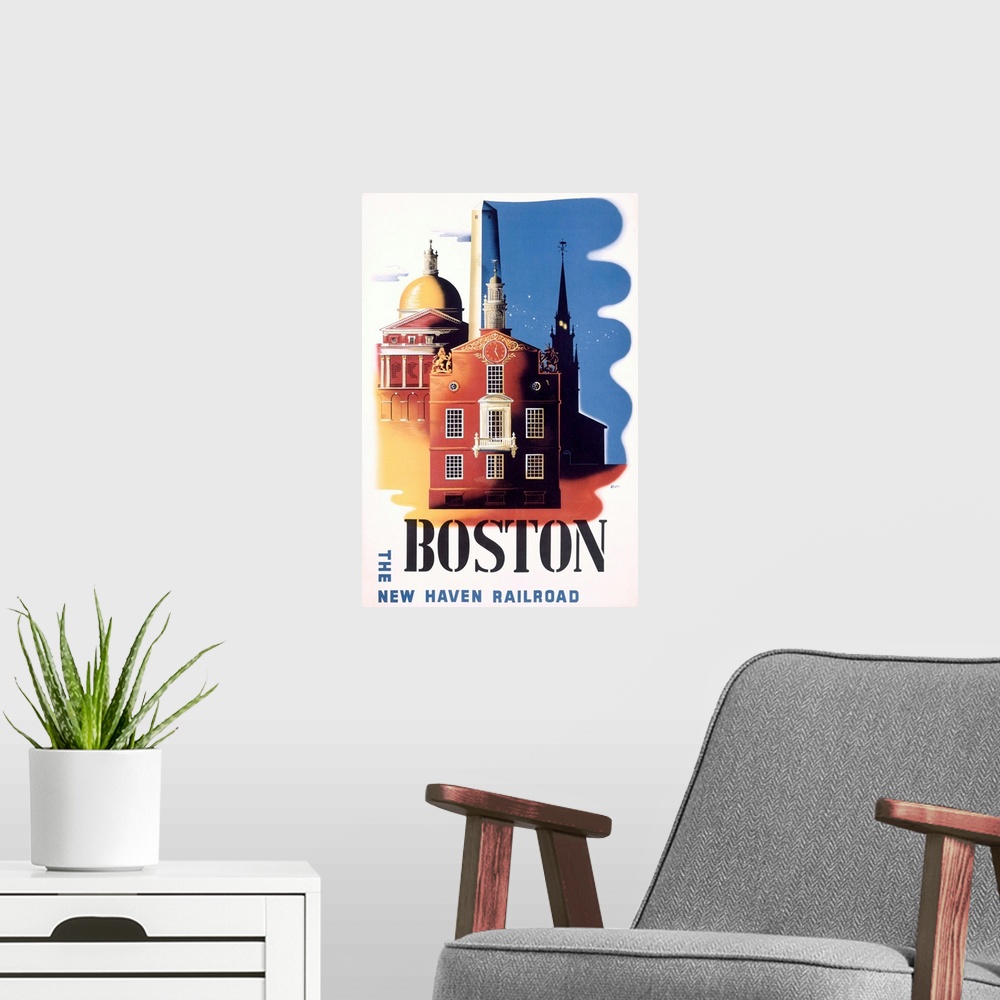 A modern room featuring Old poster print advertising U.S city.  There are buildings on the poster with the name of the ci...
