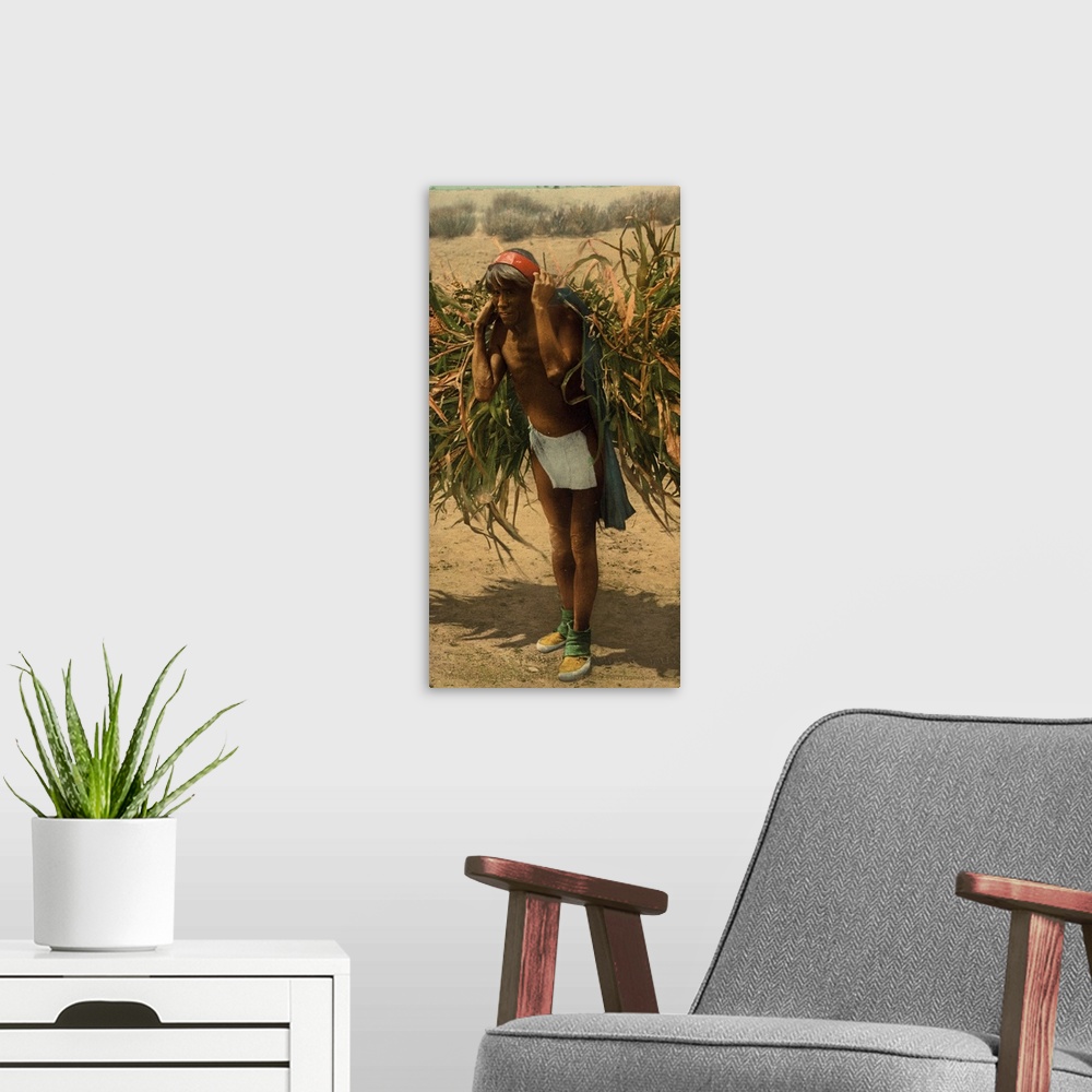 A modern room featuring Hand colored photograph of bringing in the harvest.