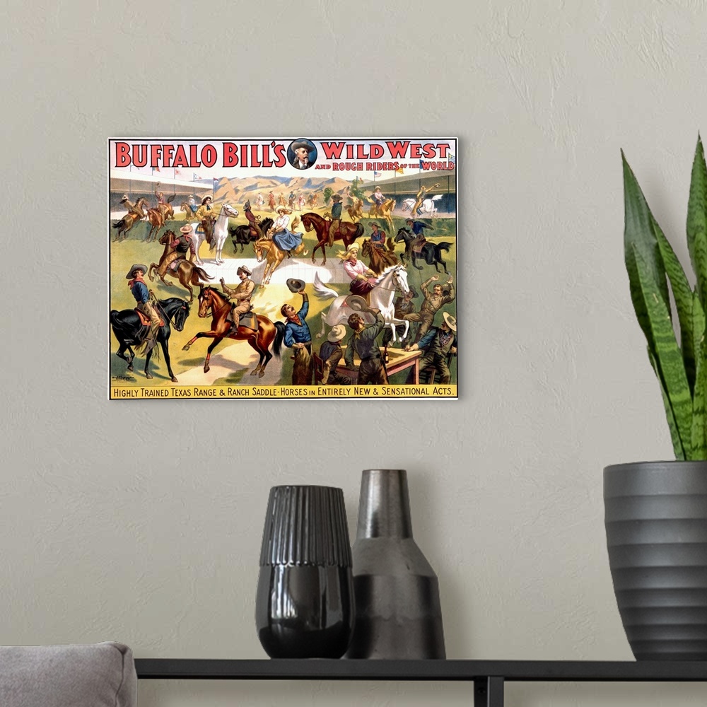 A modern room featuring Buffalo Bills Wild West, and Rough Riders of the World , Vintage Poster