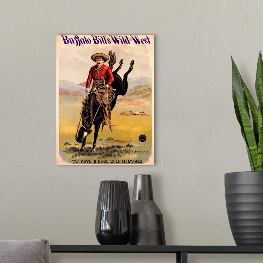 A modern room featuring Buffalo Bills Wild West, Cowboys Riding Wild Mustangs, Vintage Poster