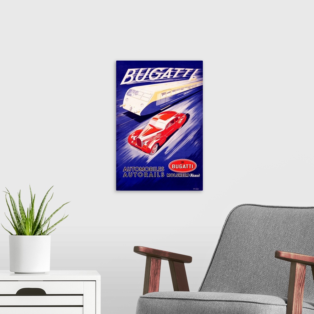 A modern room featuring Vintage car advertisement for Bugatti cars of a red car racing a train.