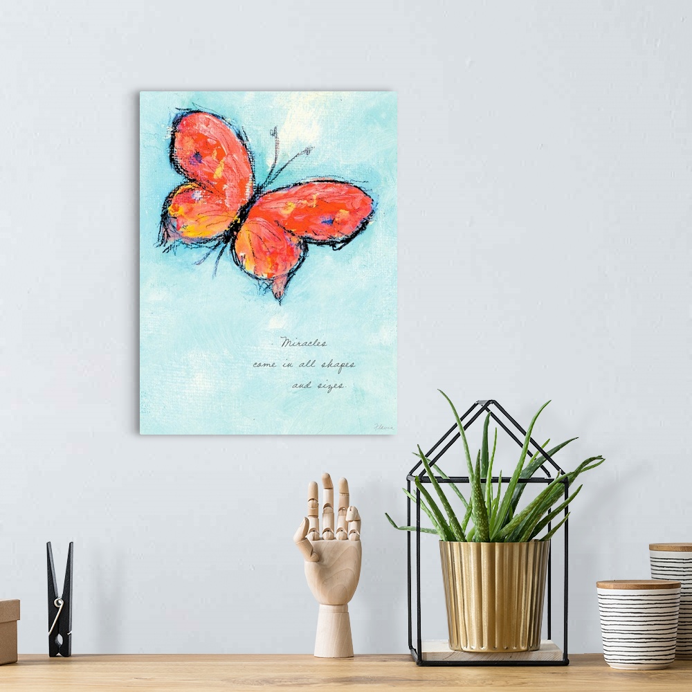 A bohemian room featuring Decorative artwork perfect for a home of a drawn butterfly over a pale blue sky. It contains an i...