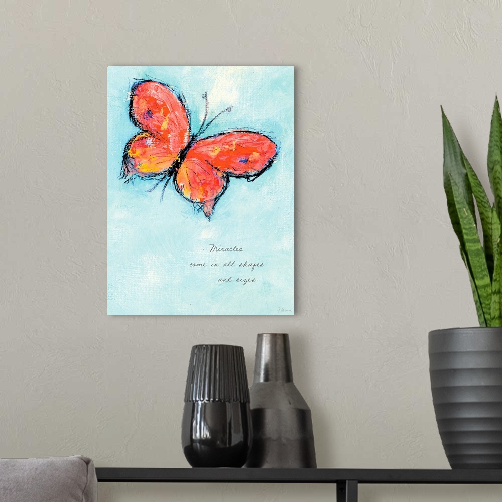 A modern room featuring Decorative artwork perfect for a home of a drawn butterfly over a pale blue sky. It contains an i...