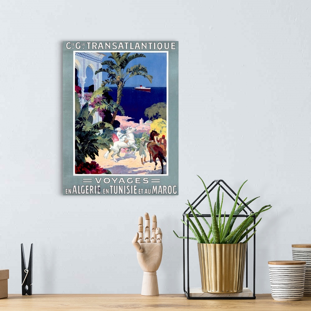 A bohemian room featuring C.G. Transatlantique, Voyages, Vintage Poster