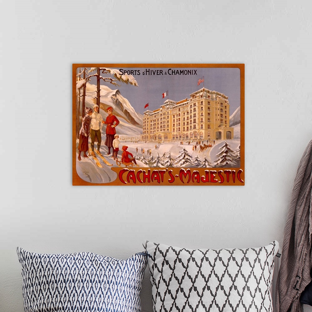 A bohemian room featuring Large, landscape, vintage advertisement for Cachats Majestic, Sports dHiver a Chamonix of a large...