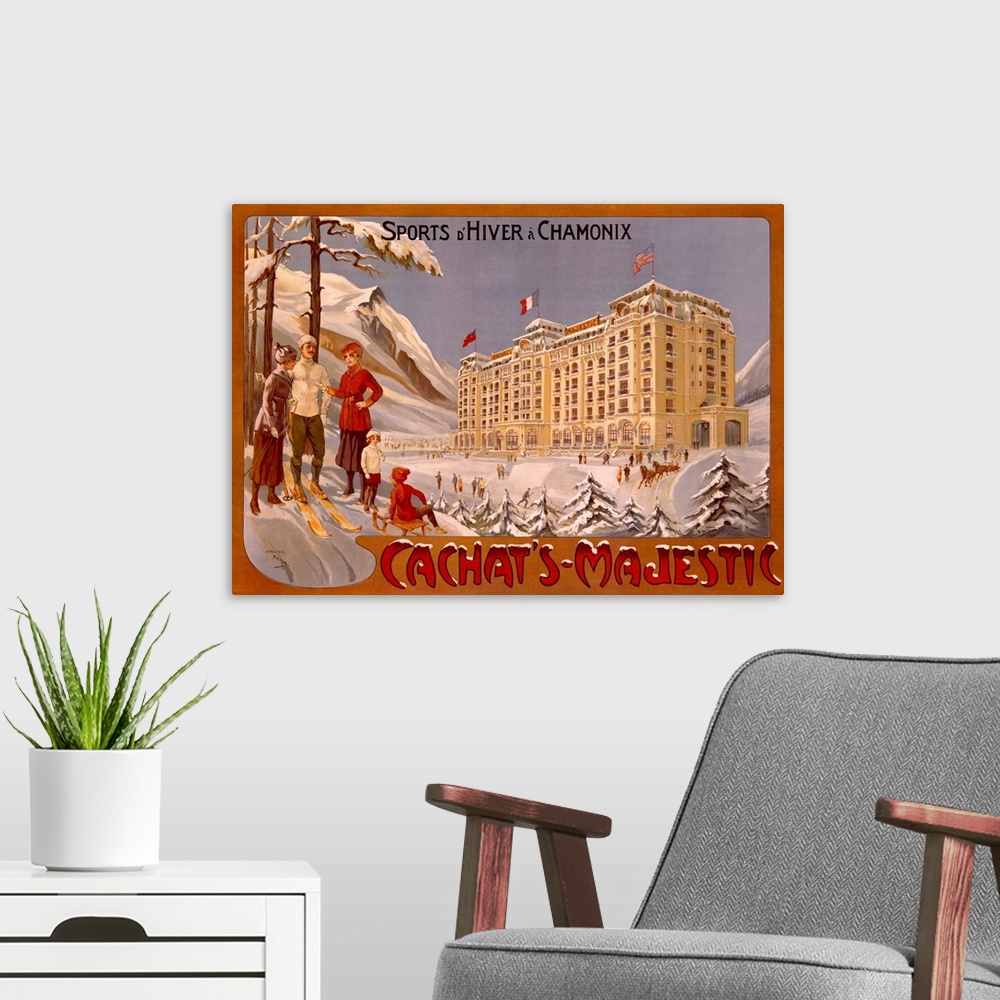 A modern room featuring Large, landscape, vintage advertisement for Cachats Majestic, Sports dHiver a Chamonix of a large...