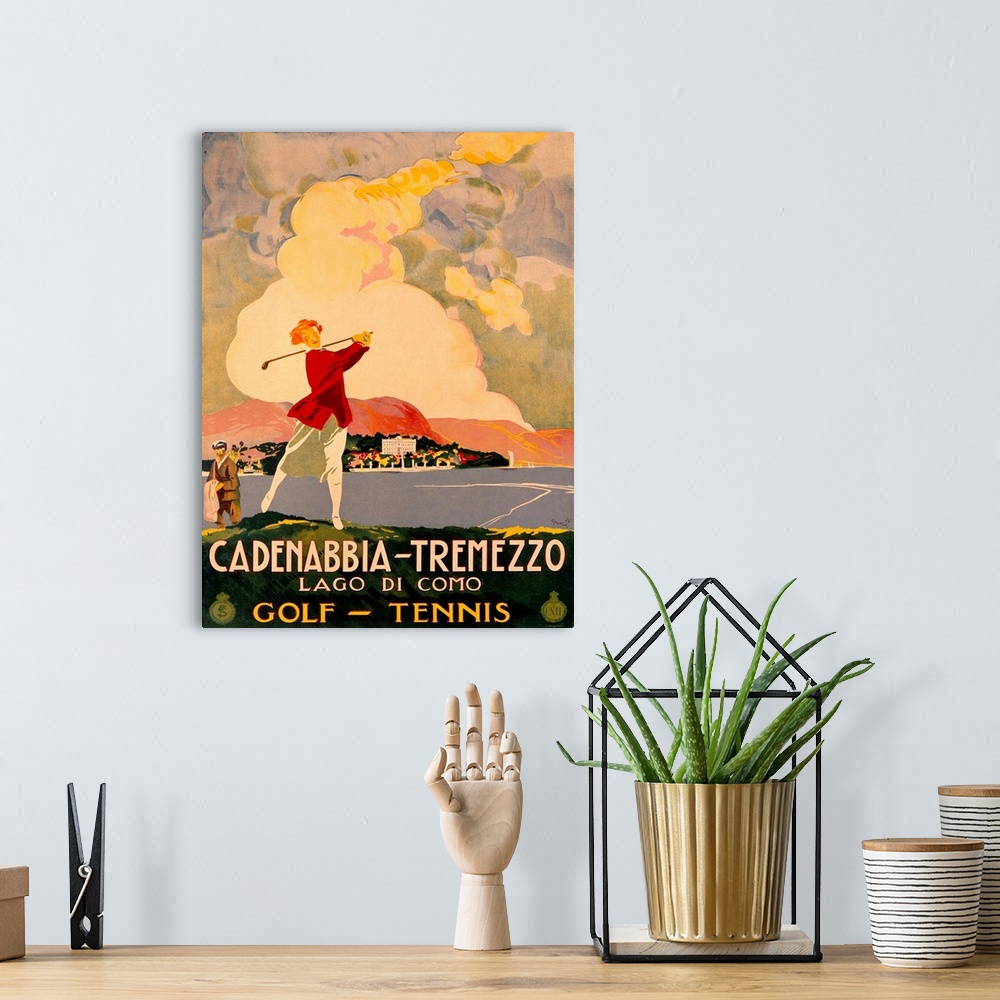 A bohemian room featuring Large, vertical vintage advertisement for golf and tennis in Cadenabbia.  A woman swings a golf c...