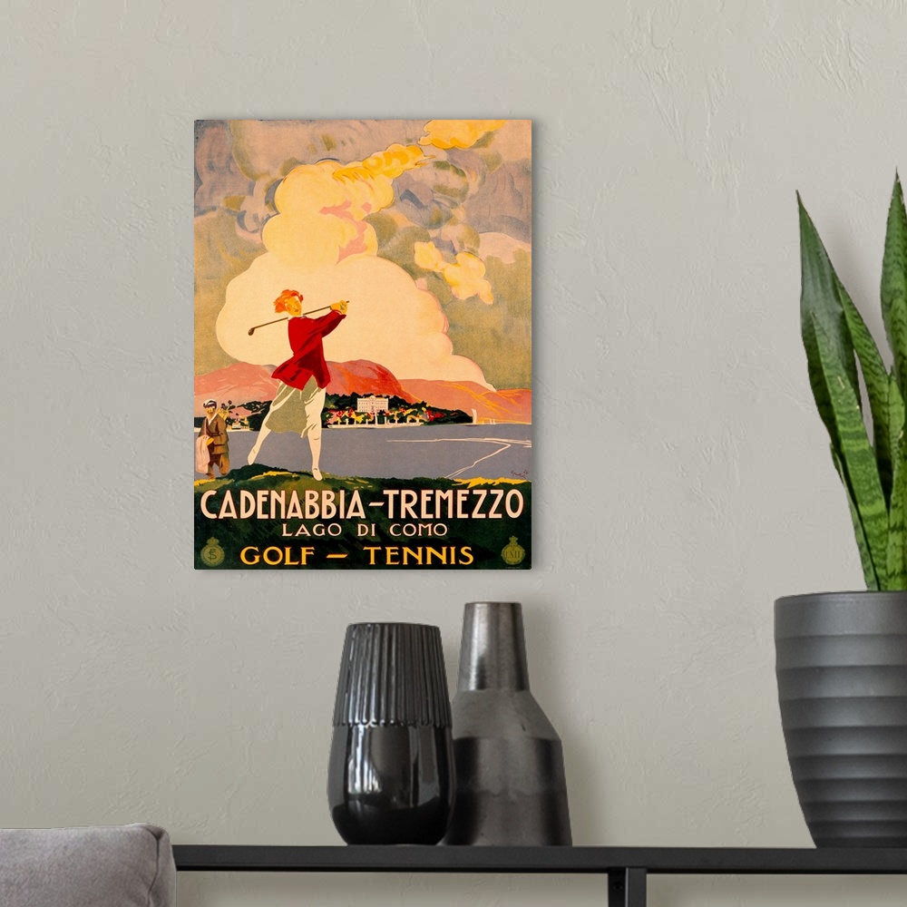 A modern room featuring Large, vertical vintage advertisement for golf and tennis in Cadenabbia.  A woman swings a golf c...