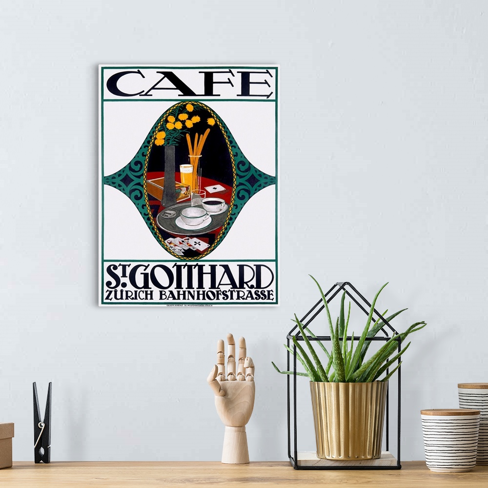 A bohemian room featuring Cafe, St. Gotthard, Vintage Poster, by Otto Baumberger