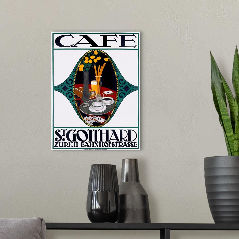 A modern room featuring Cafe, St. Gotthard, Vintage Poster, by Otto Baumberger