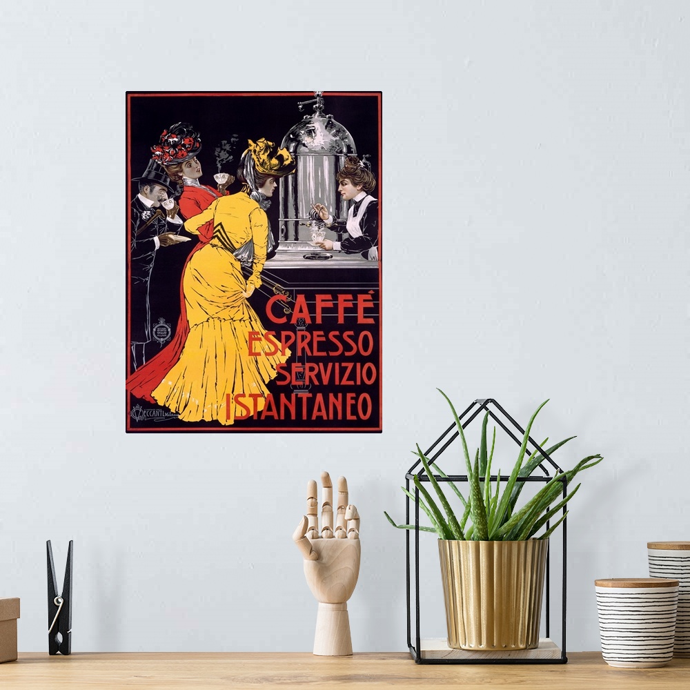 A bohemian room featuring Classic advertisement for Caffe Espresso Servizio Instantaneo featuring two elegant ladies and a ...