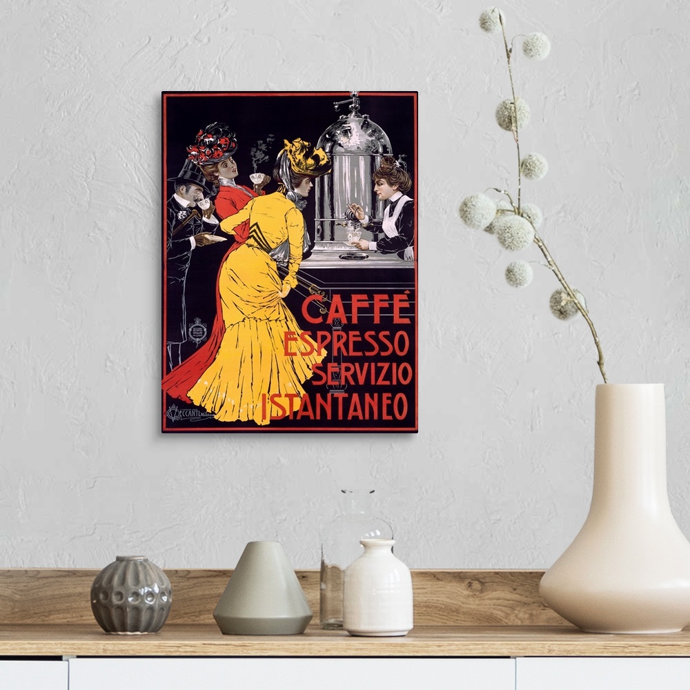 A farmhouse room featuring Classic advertisement for Caffe Espresso Servizio Instantaneo featuring two elegant ladies and a ...