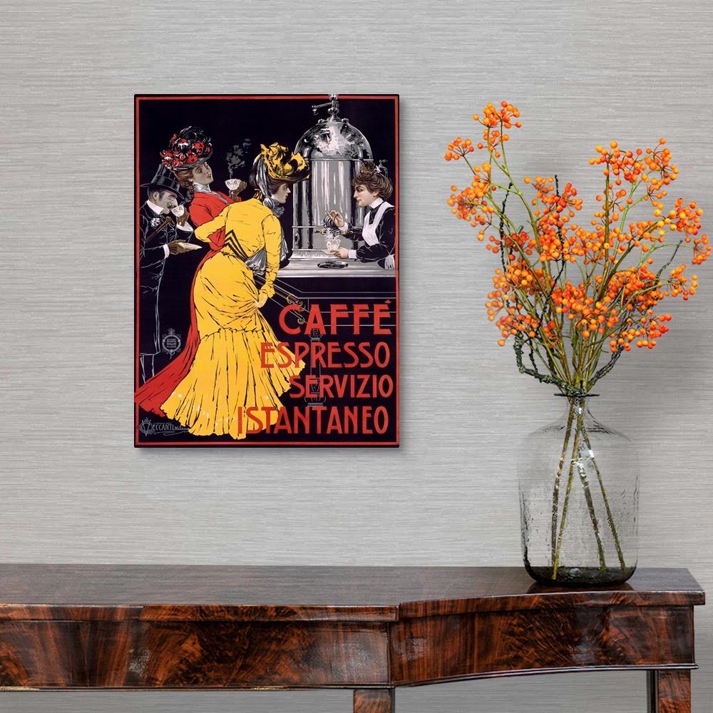 A traditional room featuring Classic advertisement for Caffe Espresso Servizio Instantaneo featuring two elegant ladies and a ...
