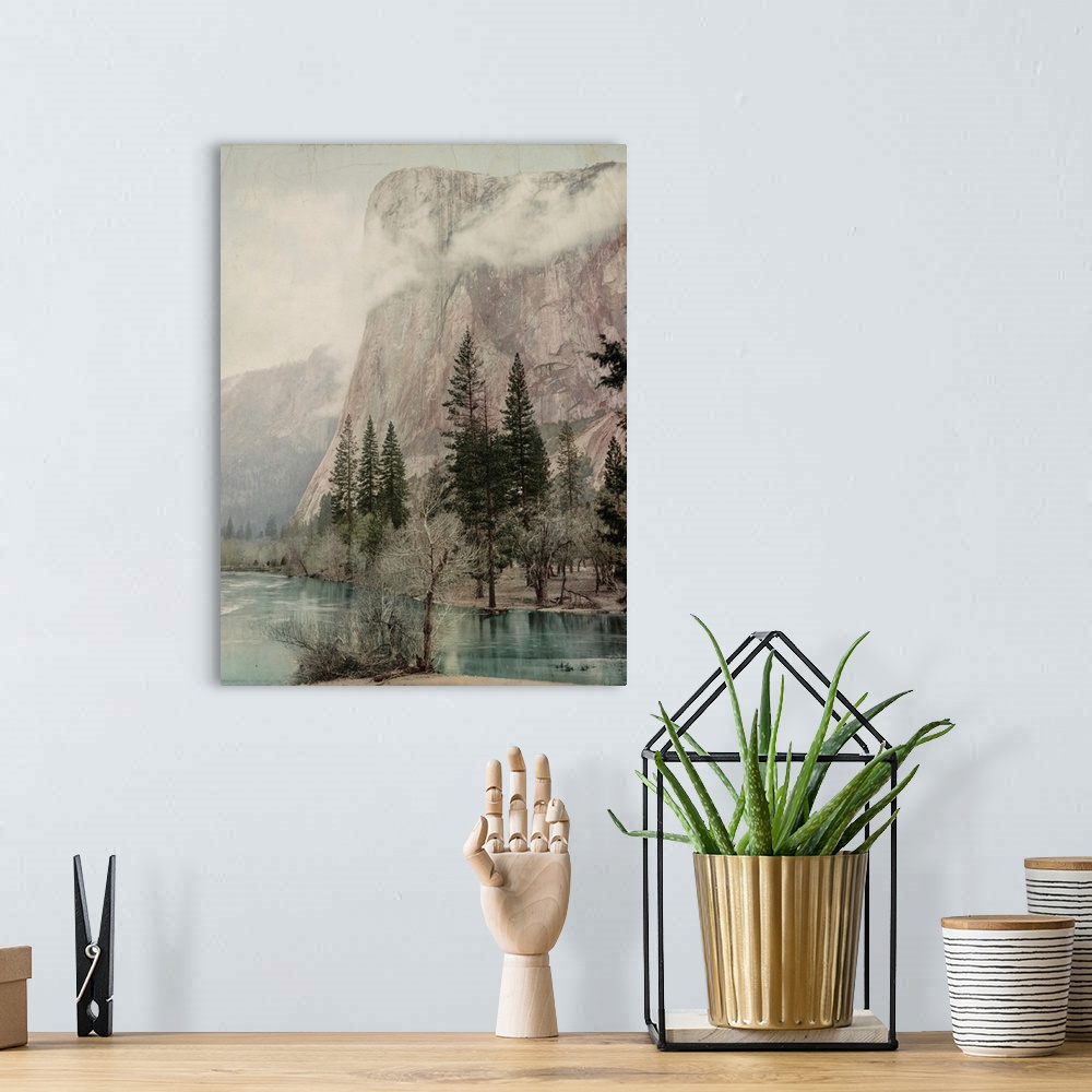 A bohemian room featuring Hand colored photograph of California, El Capitan, Yosemite Valley.