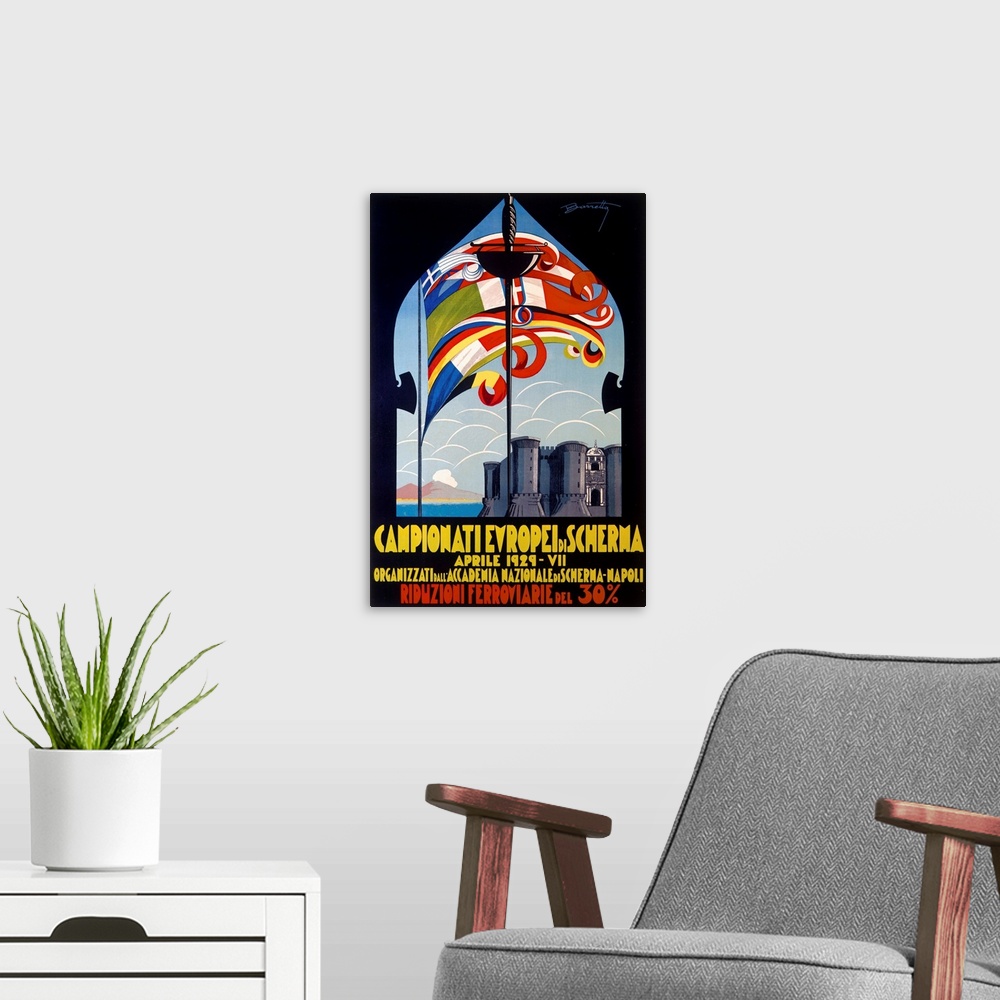 A modern room featuring Campionatie Europei di Scherma, Vintage Poster