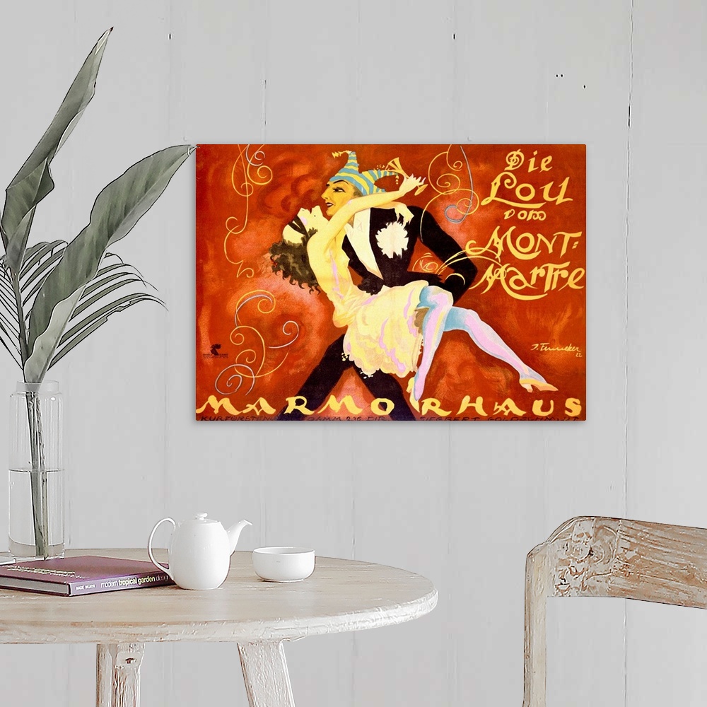 A farmhouse room featuring This vintage poster showcases an expressionist style of painted figures dancing in a ball gown an...