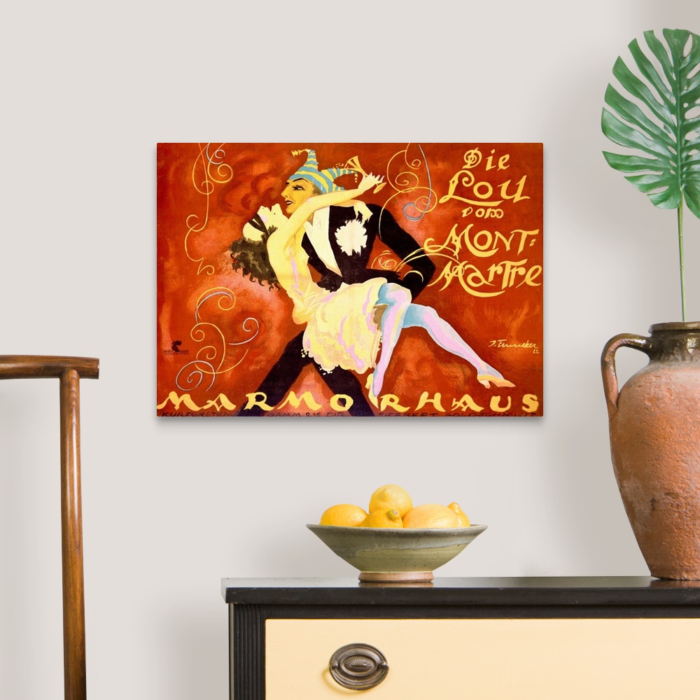 A traditional room featuring This vintage poster showcases an expressionist style of painted figures dancing in a ball gown an...