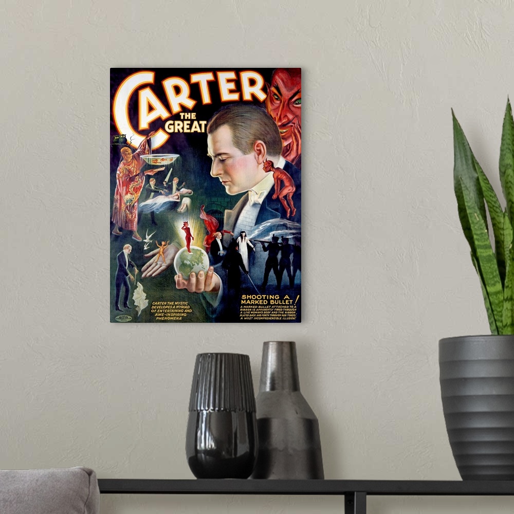 A modern room featuring Carter the Great, Shooting a Marked Bullet , Vintage Poster