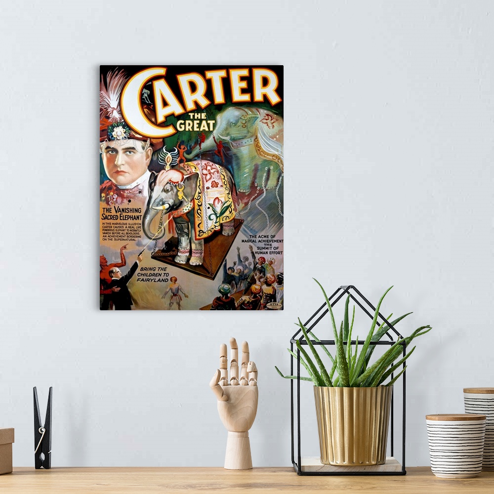 A bohemian room featuring Oversized, portrait, vintage advertisement for "Carter the Great", featuring a portrait of the ma...