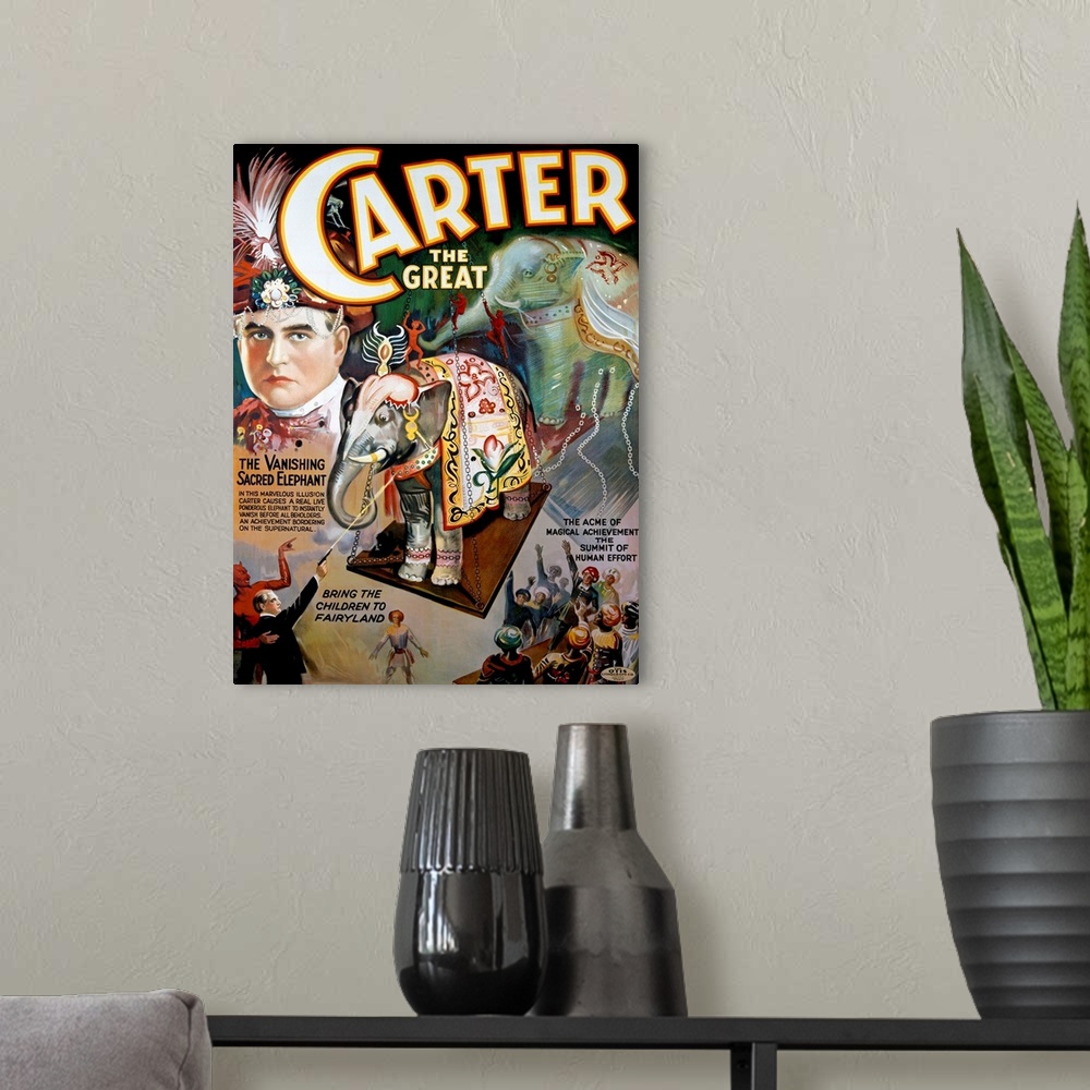 A modern room featuring Oversized, portrait, vintage advertisement for "Carter the Great", featuring a portrait of the ma...
