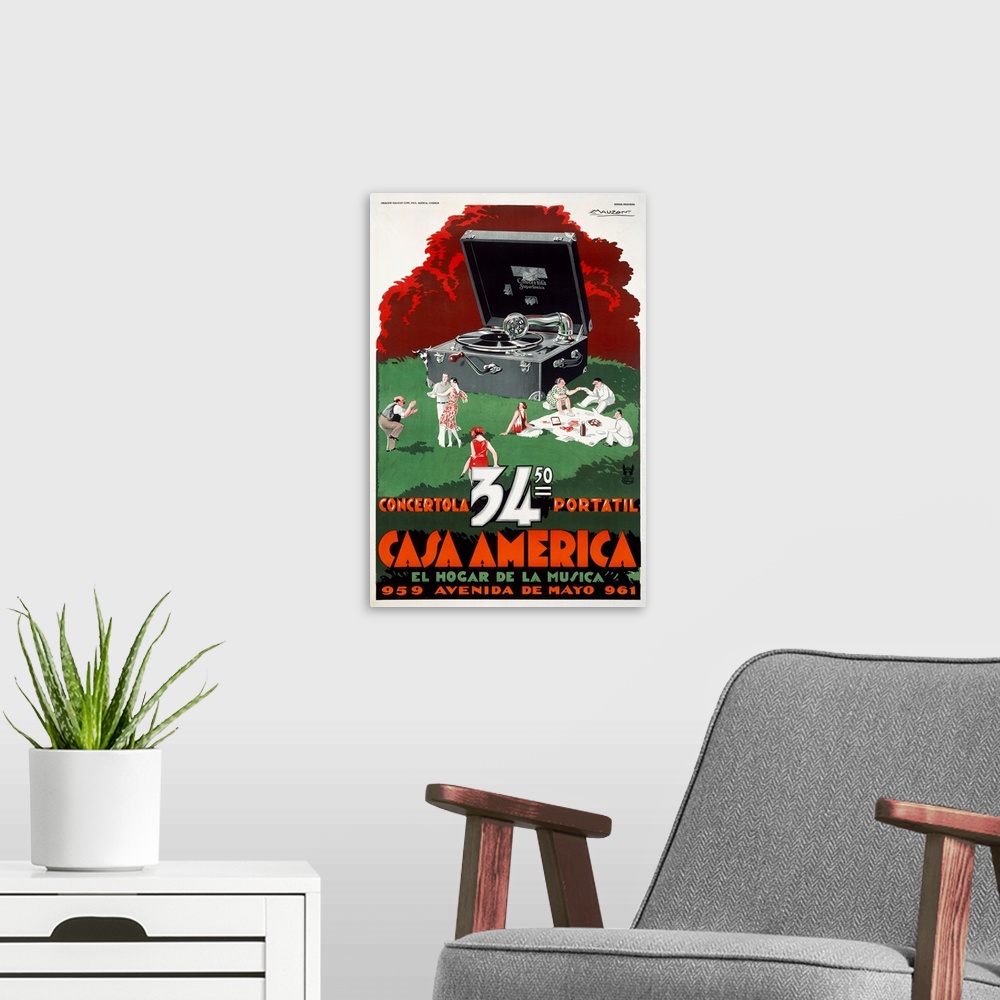 A modern room featuring Casa America, Portable Phonograph, Vintage Poster, by Achille Luciano Mauzan