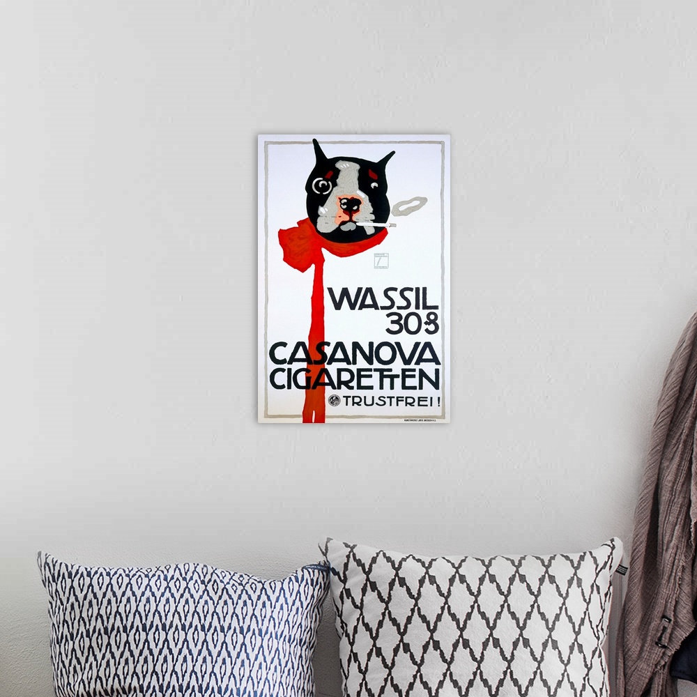 A bohemian room featuring Advertising poster featuring a small dog wearing a red scarf and smoking, with one smoke ring flo...