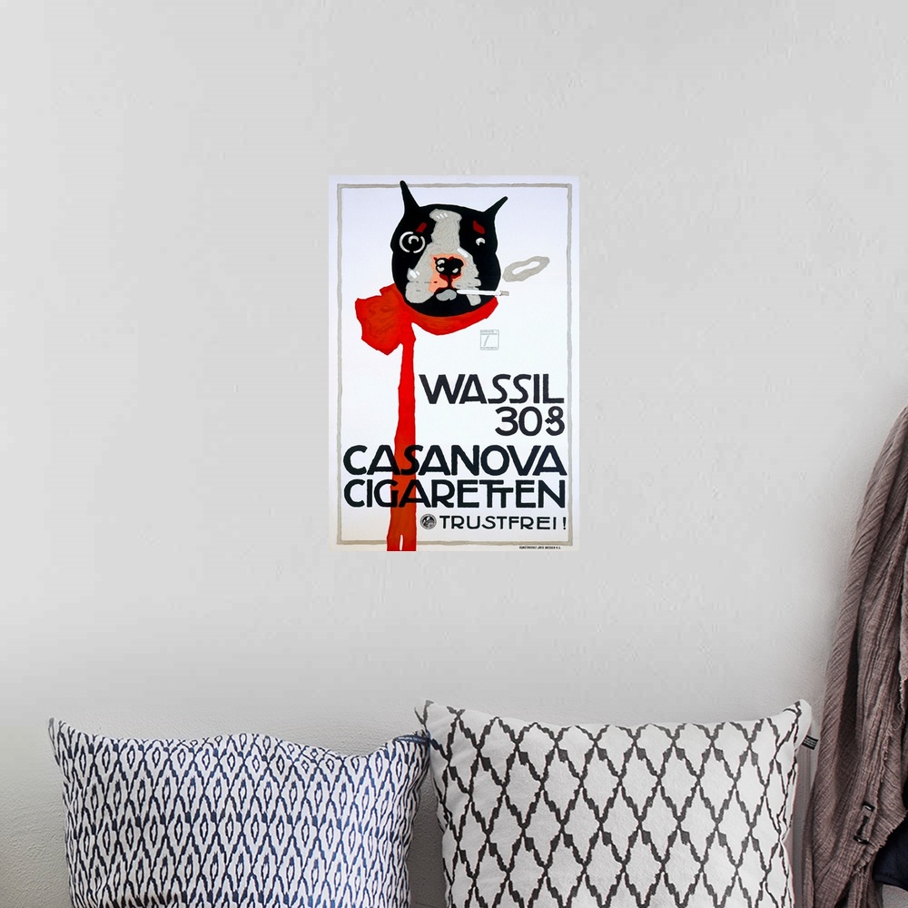A bohemian room featuring Advertising poster featuring a small dog wearing a red scarf and smoking, with one smoke ring flo...