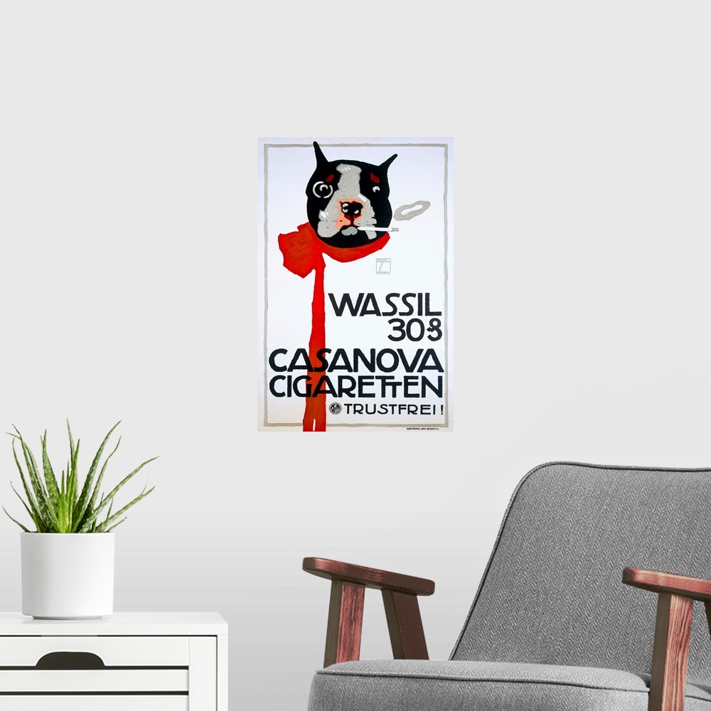 A modern room featuring Advertising poster featuring a small dog wearing a red scarf and smoking, with one smoke ring flo...